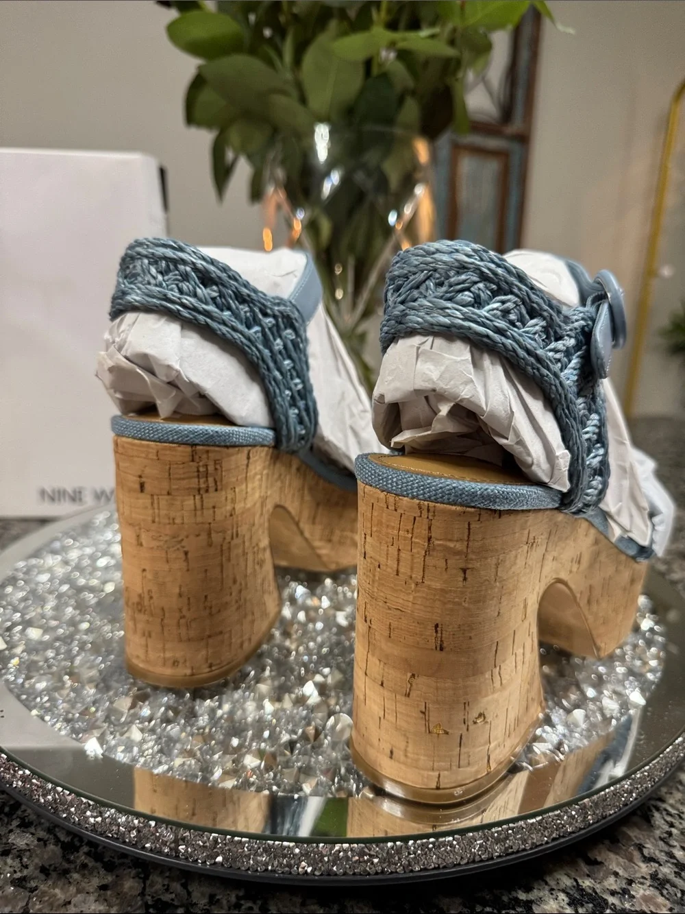 Nine West Comiele Light Blue denim Braided Cork Platform SandalsNEW 9